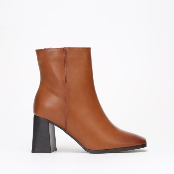 Bottines Femme Marron Talon Large 8cm Fermeture Zip Tige