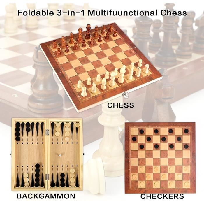 Jeu D'échecs Magnétique 3 En 1 Bois - Échiquier Pliable - Échecs/dames/backgammon - Voyage