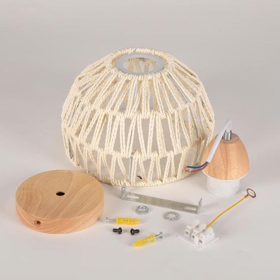 Lustre Plafonnier Industriel IDEGU - Suspension Cage Métal Bois E27 Ø16cm Blanc