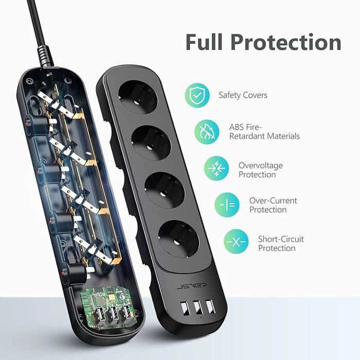 JSVER 4 Way USB Power Strip with 3 USB Ports Extension Cord (3680 W ...
