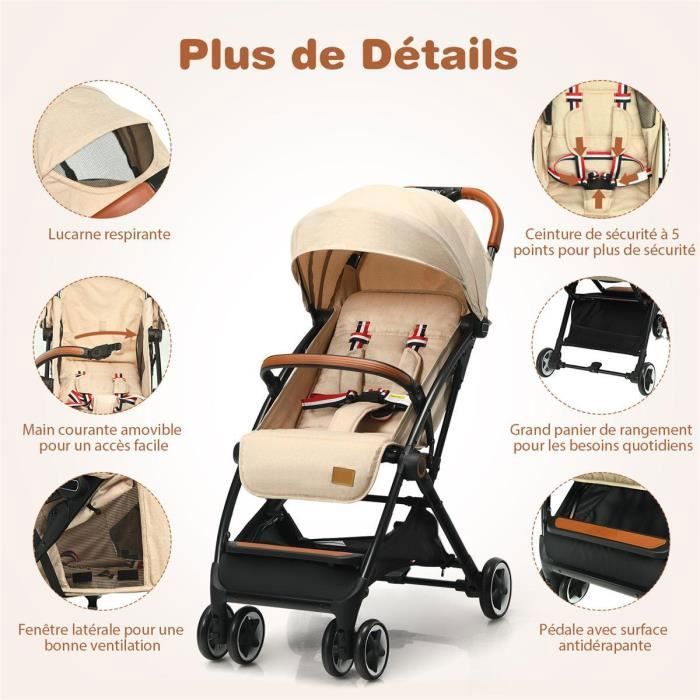 COSTWAY Poussette Bébé 3 Ans Pliable à une Main avec  Tige,Dossier-Repose-pieds Réglables,Auvent Rétractable, Sangle d'Attache  Beige - Cdiscount Puériculture & Eveil bébé