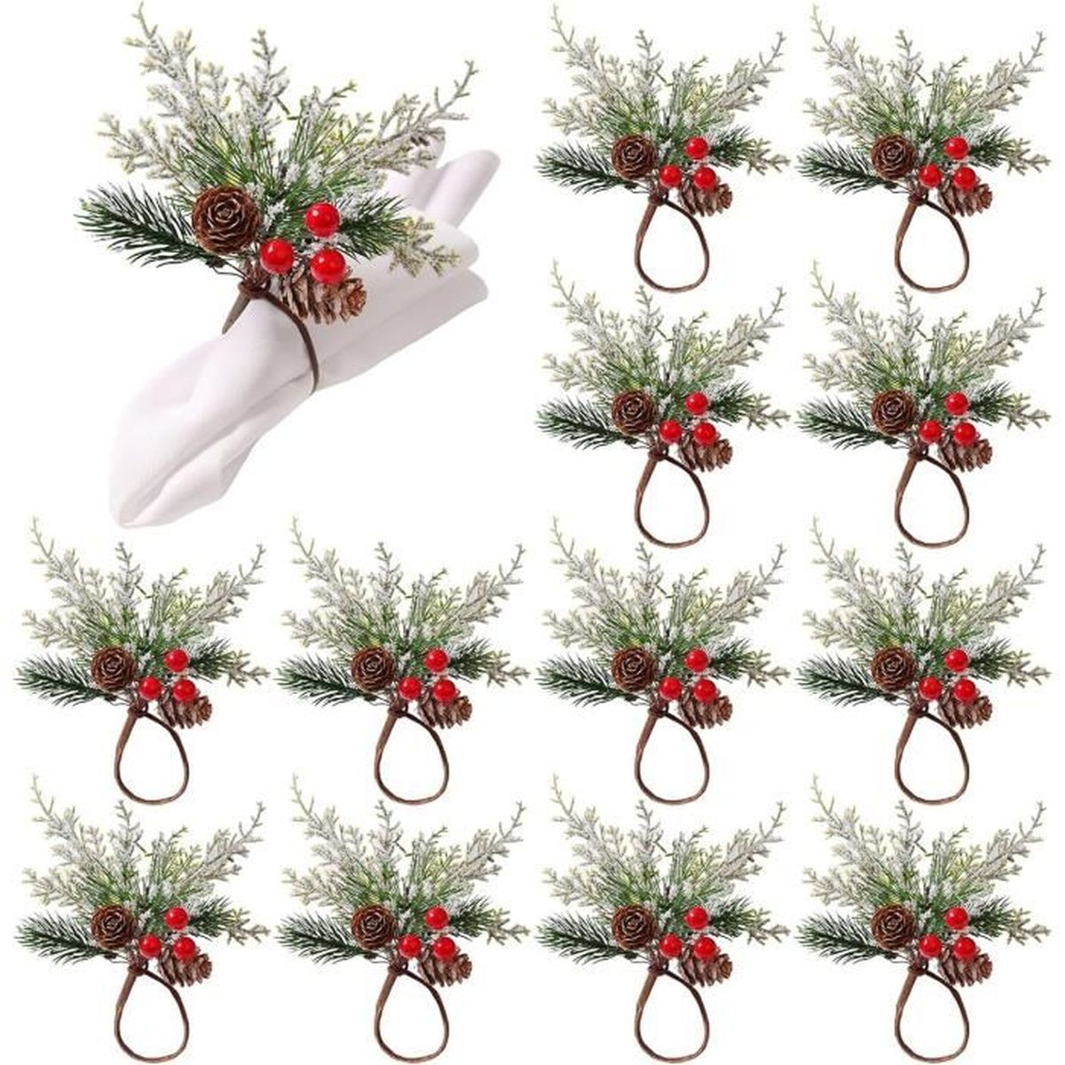 6 Anneaux De Serviette De Noël En Bois Et PE - Motif Pommes De Pin Et Baies Rouges - Décoration De Table Festive - 11