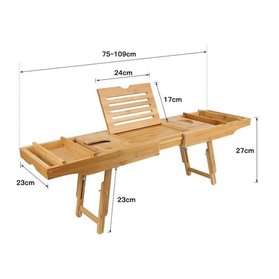 Plateau De Baignoire En Teck Extensible 72 à 108 Cm - Avec Support Téléphone, Porte-verres Et Bougeoir - Idéal Pour Spa à Deux