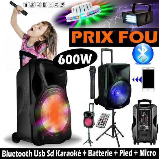 Pack Sono Portable Boost-Mobile12 600W - Enceinte Karaoké Bluetooth Avec Micro Sans Fil Et Pied - Fiesta Garantie !