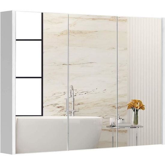 Armoire De Toilette Murale Avec Miroir Et 3 étagères - Blanc, 56x13x58 Cm - Rangement Salle De Bain, Cuisine, Couloir - Charge Max 15 Kg