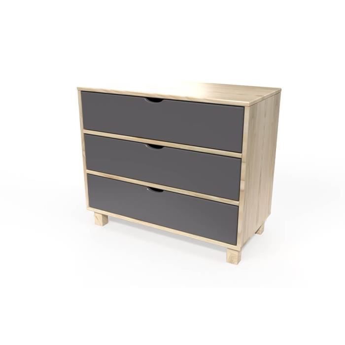 ABC MEUBLES Commode cube 3 tiroirs Vernis naturel/Gris anthracite