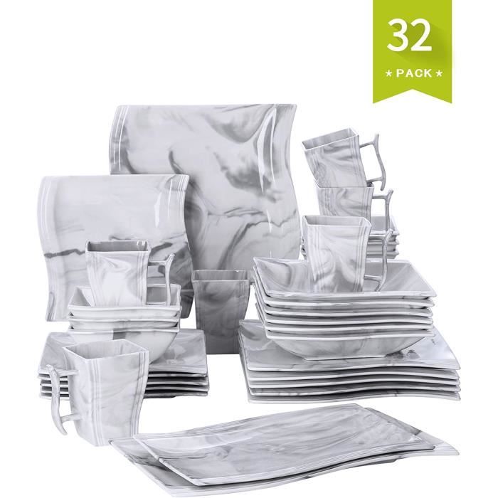 MALACASA Série Flora, 32 Pcs Service de Table Porcelaine Marbre,Services Complets,