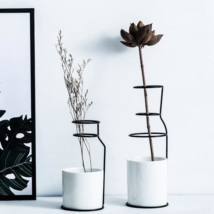 2 pièces Style nordique en céramique fer Art Vase or noir Table Pot de fleur Minimalismt accessoires de décoration pour plante v