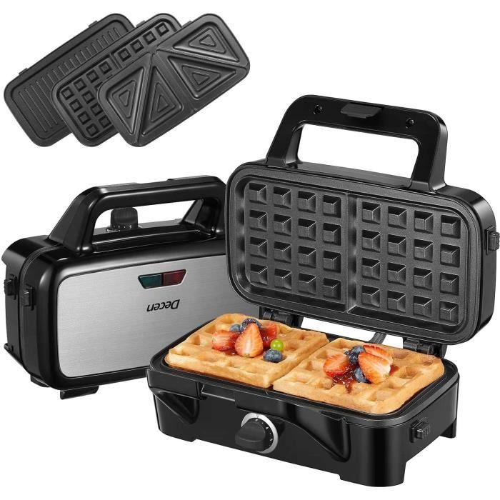 Gaufrier Croque Monsieur, 1200W Appareil à Croque Monsieur 3 en 1 pour Gaufrier, Grill et Sandwich avec Voyants LED et Thermostat Ré