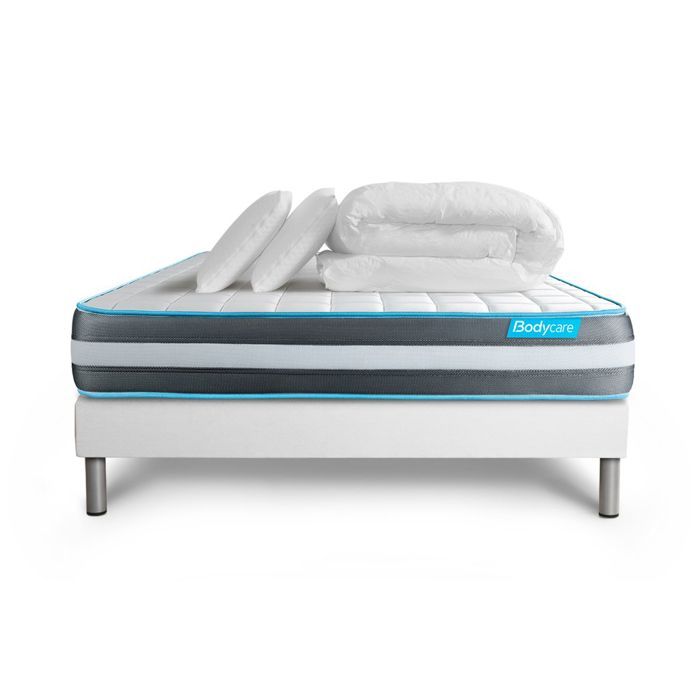 Ensemble sommier matelas 140x200 Bodyform - 20 cm - Confort Ferme + 2 oreillers + couette - sommier kit blanc