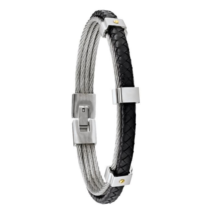 Jourdan Bijoux - Bracelet homme - HB034H - Câbles gris - Cuir noir