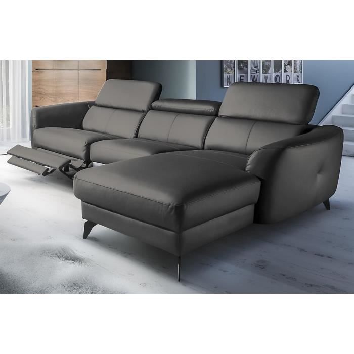 Canapé d'angle relax en cuir italien - Avec 1 relax électrique, 5 places - gris foncé - angle droit (vu de face) - BERTONI –