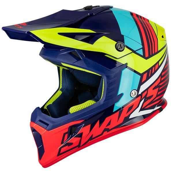 Casque Cross Adulte SWAPS Blur S818 - Bleu / Jaune Fluo / Rouge Brillant