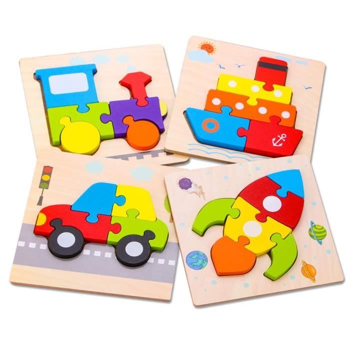 4Pcs Jouets De Construction Blocs D'Assemblage En Bois Pour Enfants Jouets Éducatifs De Transport Couleurs Vives