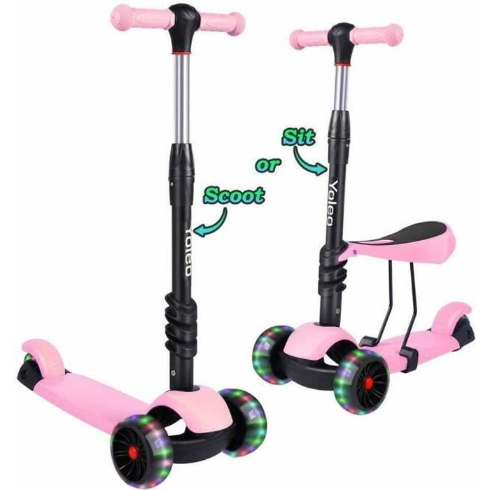 Yoleo 3en1 Trottinette Enfants 3 Roues avec Siège Réglable Roues à LED Scooter Enfant 2-8 Ans Rose