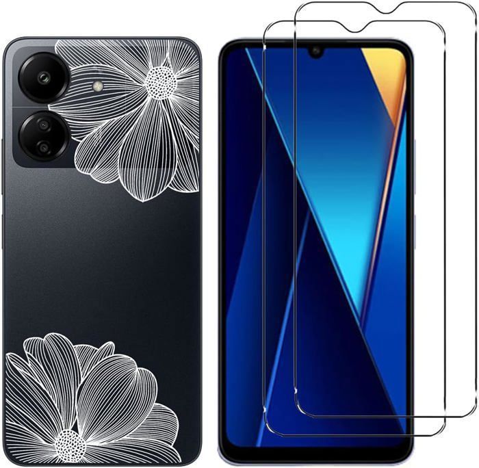 Coque et protection d'écran Xiaomi POCO C65Redmi 13C Silicone souple Verre trempé 9H Motif fleur