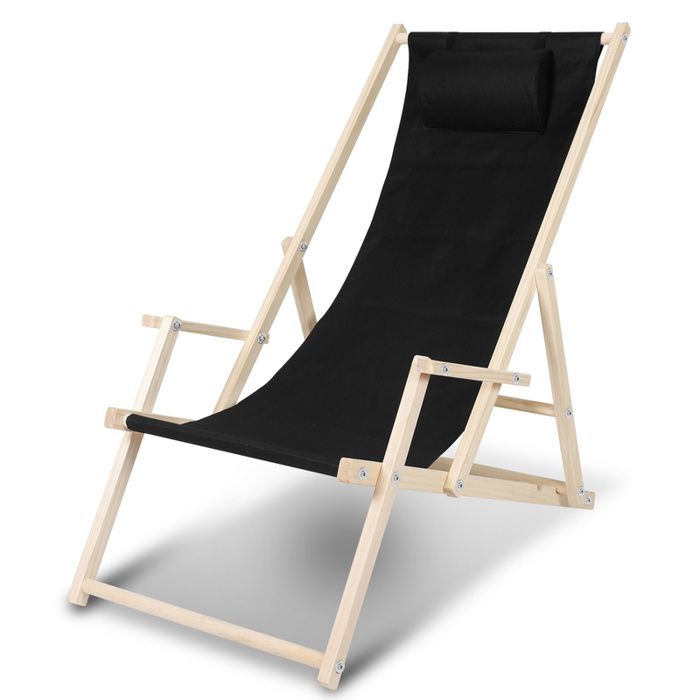 chaise longue pliante en bois chaise de plage chilienne noir avec mains courantes chaise longue - transat - bain de soleil