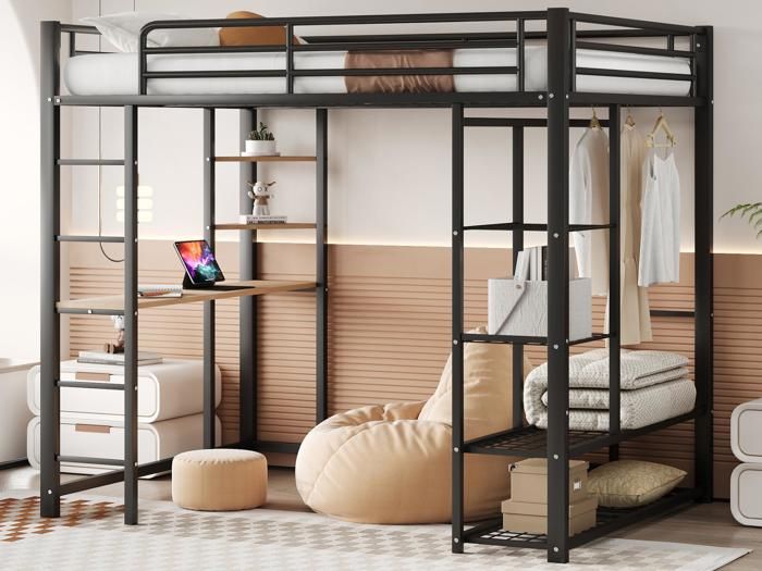 Lit Mezzanine 140x200 Cm - Structure En Fer - Avec Penderie + échelle De Rangement - Ruban Lumineux LED