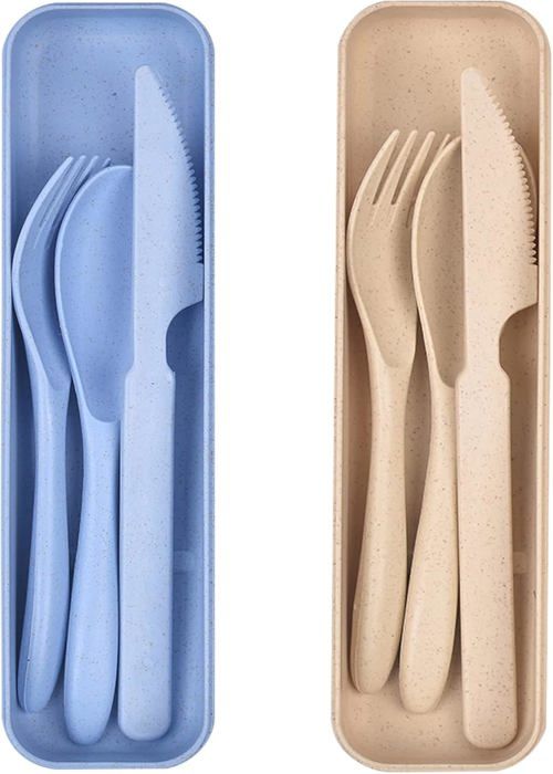 Ensemble de couverts de voyage avec étui lot de 2 couverts en plastique réutilisables fourchettes cuillères couverts de camping
