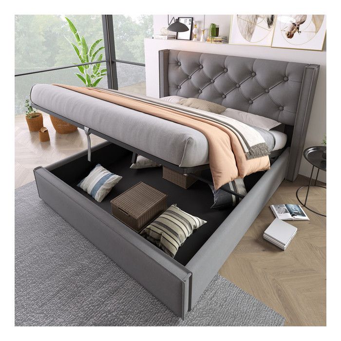 Lit 2 personnes 140 x 200 cm Lit coffre avec sommier à lattes en métal Lit double rembourré avec cadre de lit Coton Gris