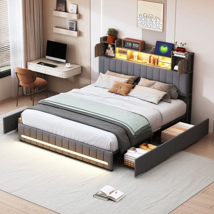 Lit coffre 140x190 avec 4 Tiroirs et charge USB Type C Lit Adulte avec Sommier à LattesLits 2 PersonnesTissu en LinGris