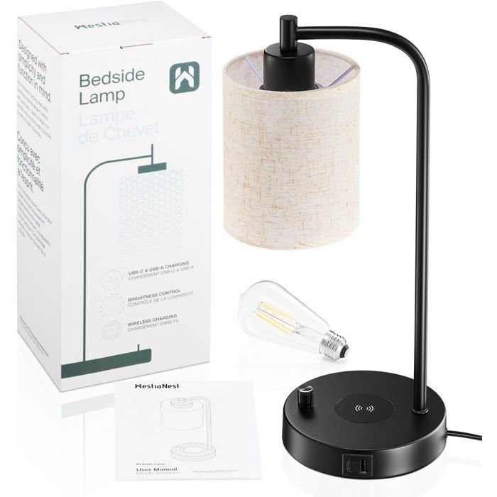Lampe de Chevet - UNDERSCORE - LED - Chargeur Induction - Intensité Variable - Abat-jour Lin Lampe de Chevet - UNDERSCORE - LED - Chargeur Induction - Intensité Variable - Abat-jour Lin