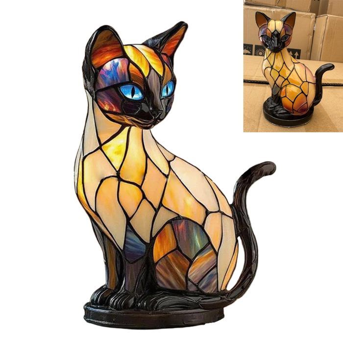 Lampe Chat Veilleuse de Table Chat en Résine Teintée Style Rétro Lampes Animaux  Lampes de Table LED 3D Chats Mignons  (chat A)
