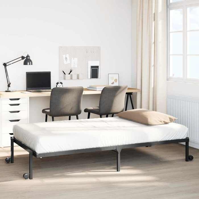 Structure de lit pliable - UU - Noir - Acier - 100x200 cm - Pliable - Sommier à lattes - Roues intégrées