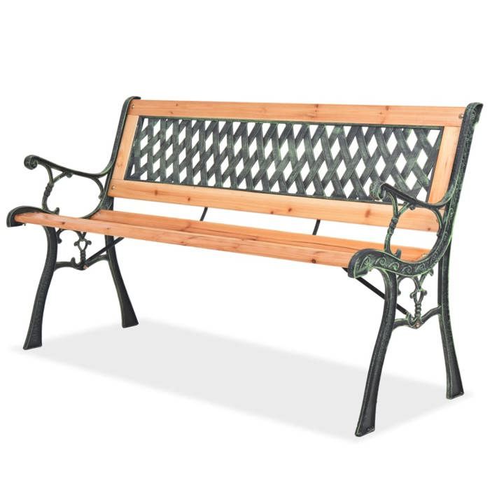 Banc de jardin en bois - Happiness - 122 cm - Bois et fer forgé - Dossier en PVC - Brun - Capacité 110 kg