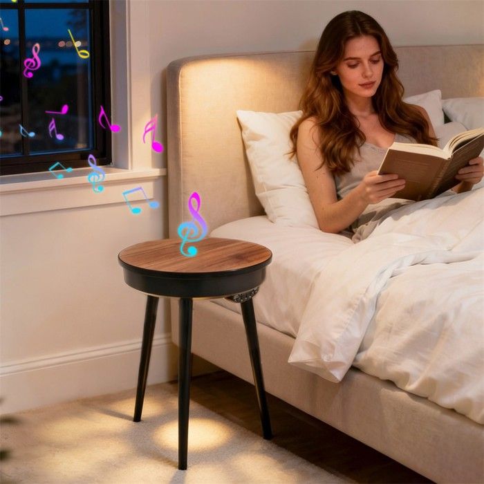 Table basse Bluetooth - Enceinte Intégrée Son Surround 360° Charge USB LED Ambiance Design Sécurisé Sans Angle - Finition Noyer