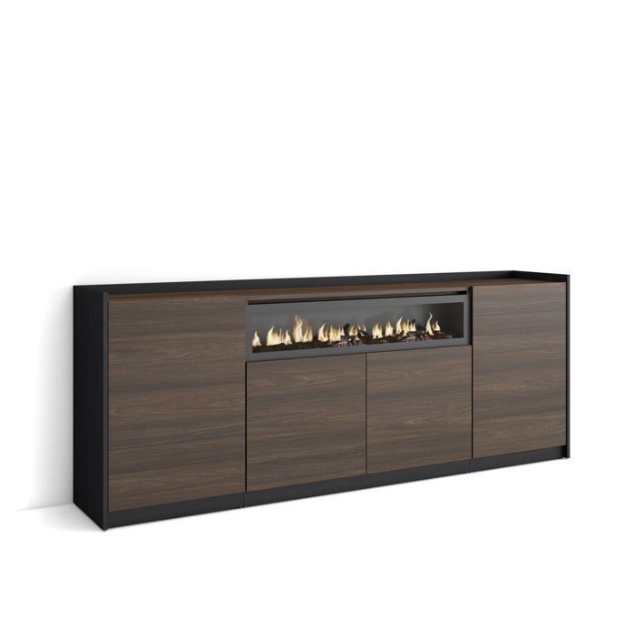 Buffet salon et cuisine 207x37x80cm 4 Portes Cheminée électrique Chêne foncé et Noir RF4273 Buffet salon et cuisine 207x37x80cm 4 Portes Cheminée électrique Chêne foncé et Noir RF4273
