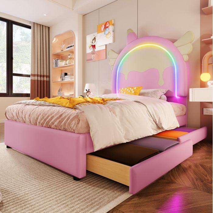 Lit enfant licorne rose 90 × 200 avec LED 2 tiroirs en PU sans matelas