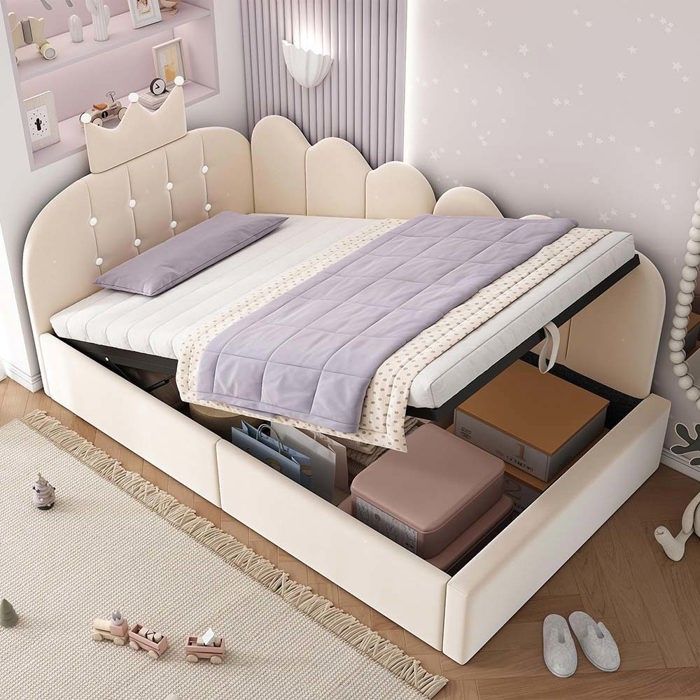 Lit denfant 90 x 200 cm - Modèle beige - Velours - Tête de lit couronne - Coffre de rangement réversible