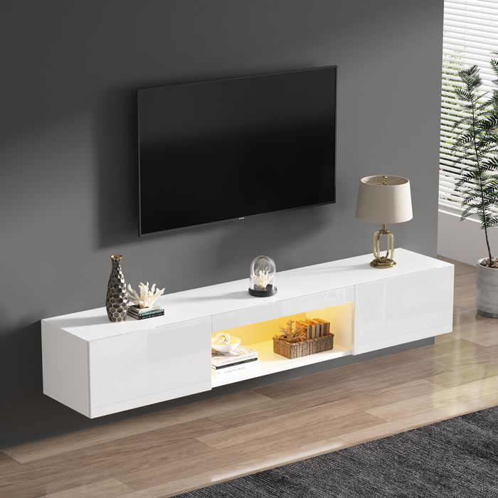 Meuble TV Mural 2 Portes 1 Niche LED et Passage de Câbles - YEAVIO - Laqué Blanc pour Salon 160×31×22 cm
