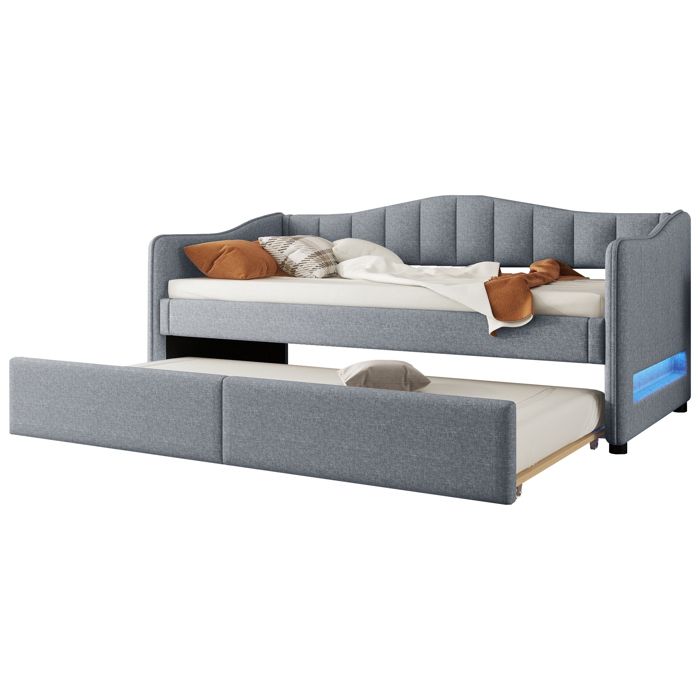 VLIVRA Lit gigogne Lit Simple - LED Réglable - 90×200 cm et 90×200 cm - sans Matelas - en Lin Gris