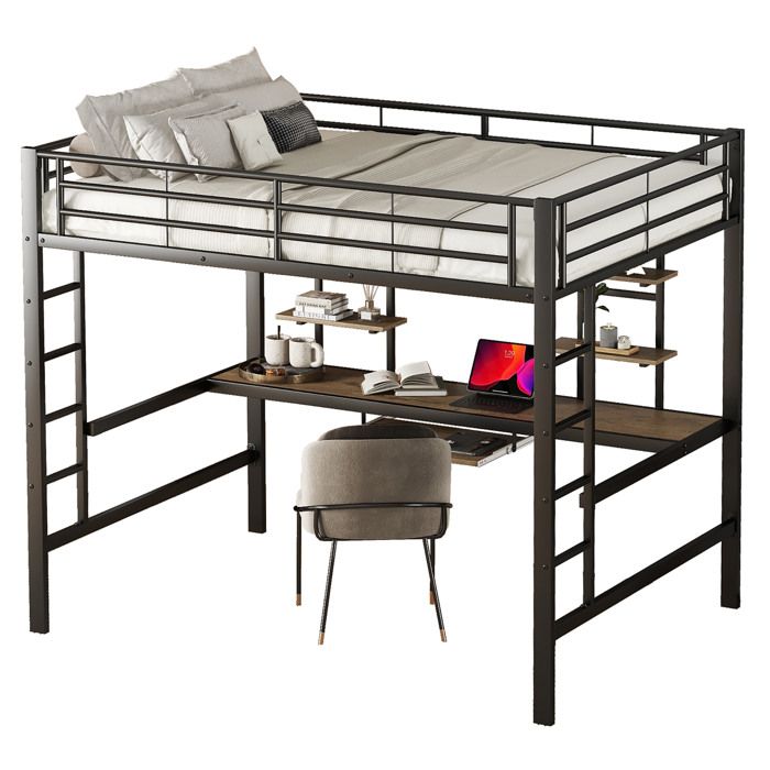 Lit superposé en métal avec espace bureau et rangements 140x200 cm noir pour enfants ados et adultes