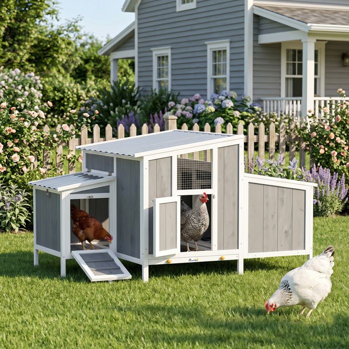 Poulailler en bois 145 x 90 x 92 cm gris pour 3-4 poules avec porte verrouillable pondoir et toit PET imperméable