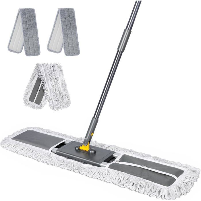 Balai serpillère plat pro grand format - Manche télescopique métallique 154 cm tête aluminium 3 serpillères incluses - Usage domes
