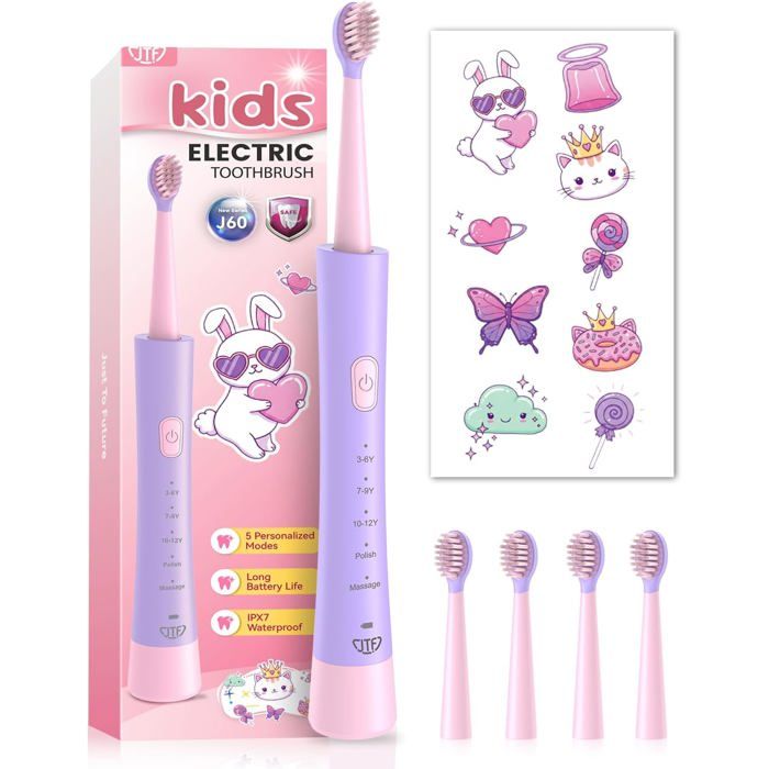 Brosse à dents électrique JTF Kids - avec capteur sonique et minuterie - convient aux filles à partir de 3 ans (rose)