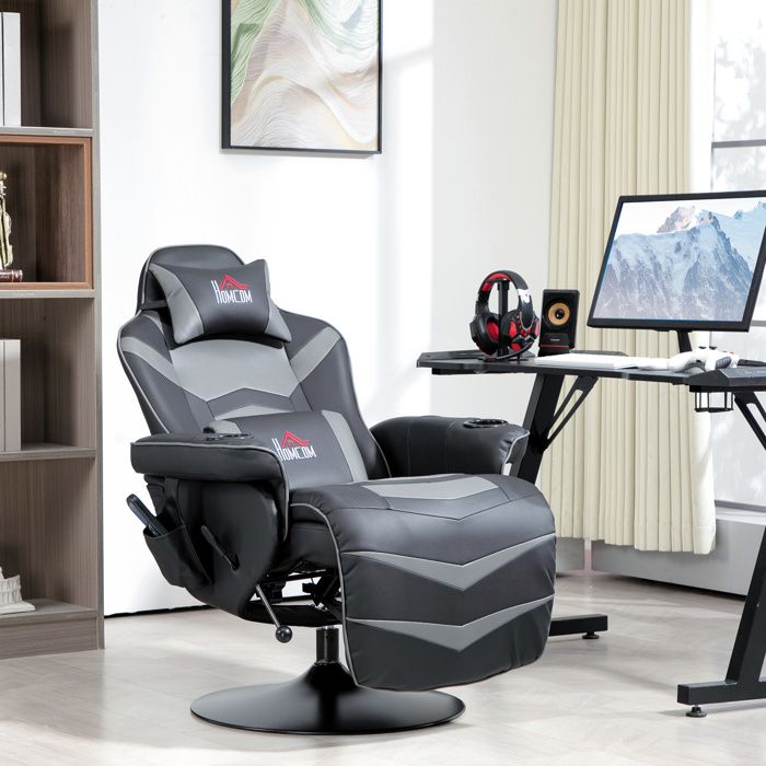 Fauteuil gaming massant gris dossier inclinable repose-pieds charge max. 120 kg cadre acier simili cuir