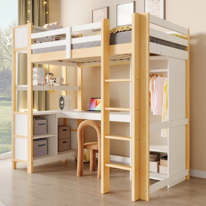 Lit Mezzanine Enfant 90x200 cm Lit Combiné avec Bureau dAngle Penderie Étagères et Sommier à Lattes - Bois Naturel et Blanc