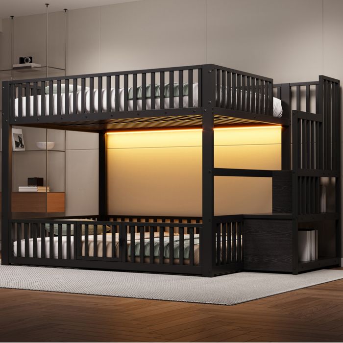 HOMVRA Lit superposé bas 140x200 cm avec escalier de rangement LED intégrée métal et MDF noir