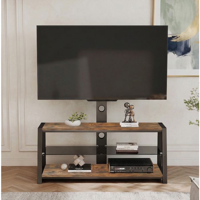MEULVA Meuble TV avec support orientable 32 à 65 pouces hauteur réglable 3 niveaux marron et noir