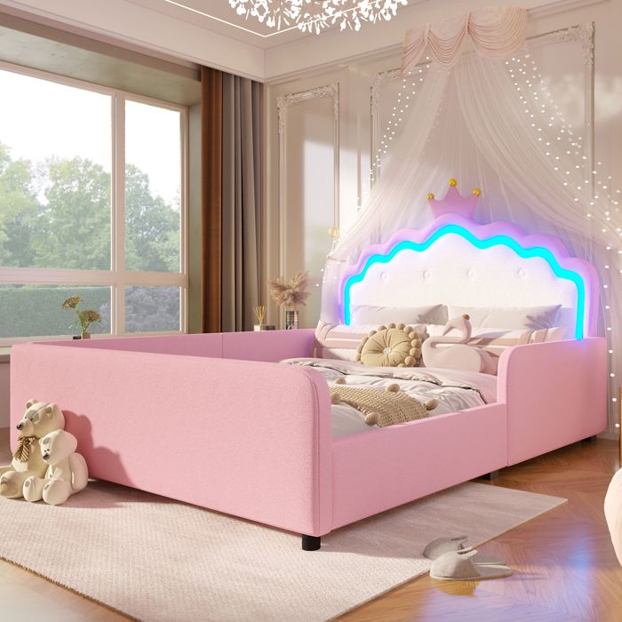 Lit enfant princesse - 140x190 cm - Bande lumineuse LED intégrée - Forme de couronne - Barrière de sécurité rembourrée
