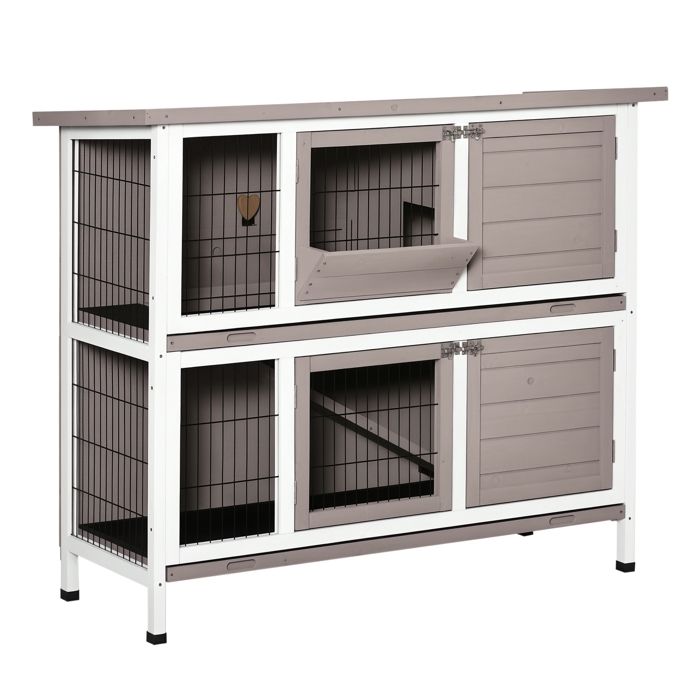 Cage à lapin en bois massif clapier 2 niveaux toit ouvrant avec auge plateaux coulisants 4 portes 122 x 50 x 101 cm gris blanc