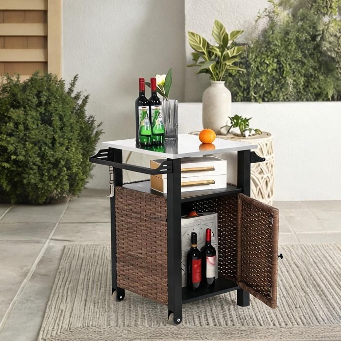 Chariot de bar extérieur en osier marron avec tiroir porte-verres et plateau inox extensible