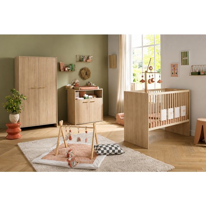 Chambre bébé trio: Lit bébé 60x120 évolutif commode à langer 2 portes et armoire 2 portes décor bois hêtre - ADELE