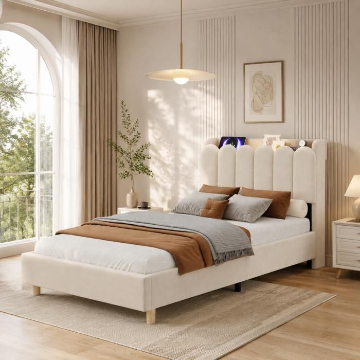 Lit enfant rembourré - MERAX - 90 x 200 cm - Velours beige - Tête de lit multifonction (rangements LED) - Ports USB/Type‑C Lit enfant rembourré - MERAX - 90 x 200 cm - Velours beige - Tête de lit multifonction (rangements LED) - Ports USB/Type‑C