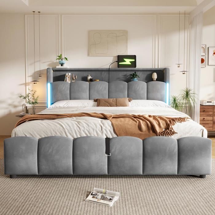 Lit coffre 180x200 en Velours gris avec hydraulique rangement LED RGB ports USB et USB-C sommier Lit king size 3 places
