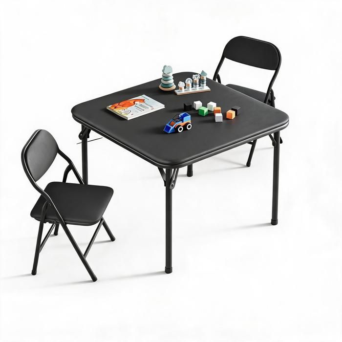 Koioplie Set table et chaises enfant pliables 2 places mobilier repas activité compact avec assises PU rembourrées Noir